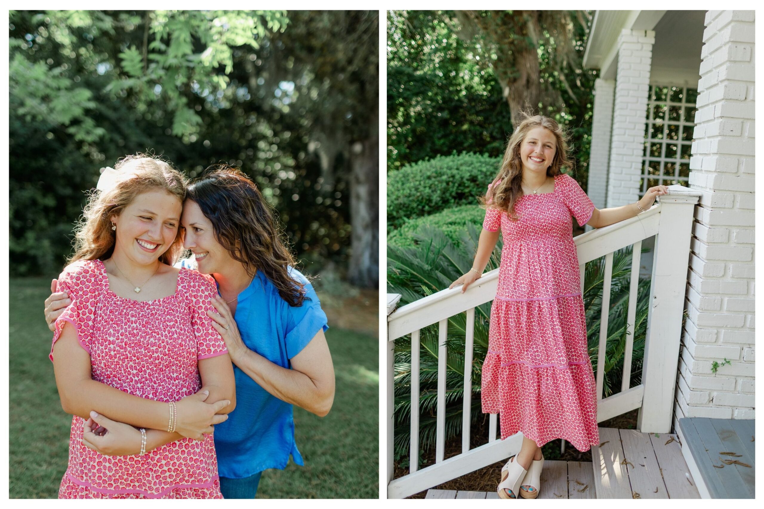 teen girl with mom outside in springtime wearing dresses